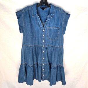 Veronica Beard Trisha Cornflower Blue Tiered Button-Down Chambray Dress